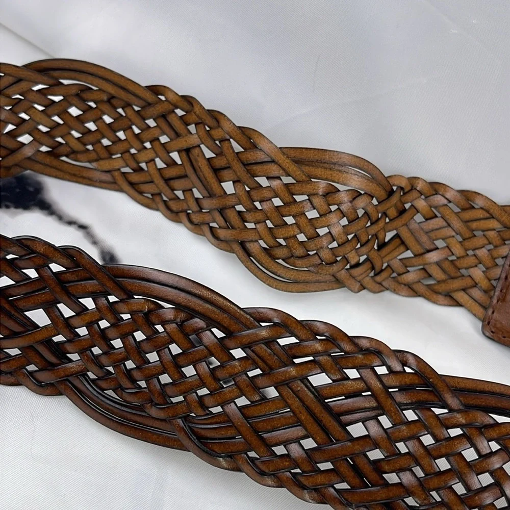 Woven Bonded Leather Wide Belt Large Brass Buckle Adjustable Celtic Knot Weave - Picture 7 of 8